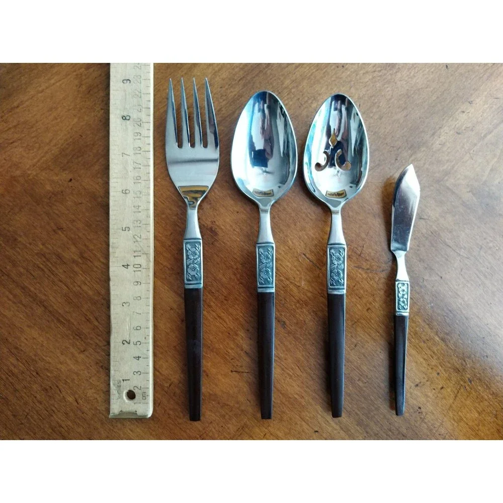 Lot 4x Serving Pieces Ekco Eterna La Joya Stainless Faux Wood Flatwar MCM EKS14